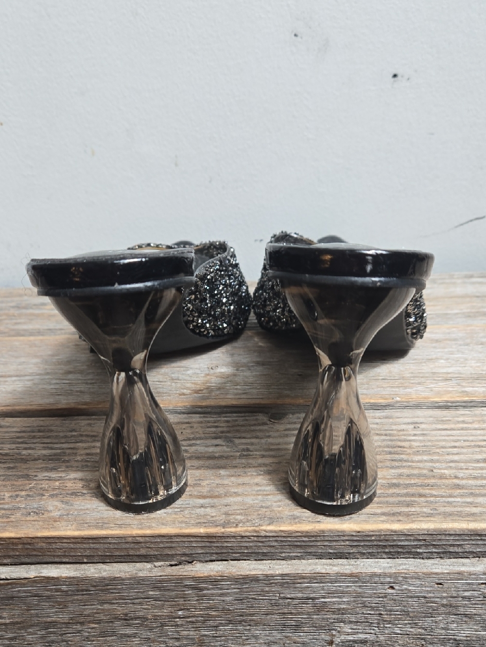 Styleloop Black And Silver Sparkle Mule Translucent Clear Pointed Toe Heels - Picture 5 of 7
